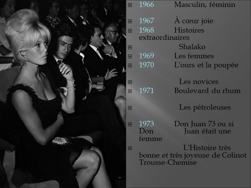 1966 Masculin, féminin  1967 À cœur joie  1968 Histoires extraordinaires  